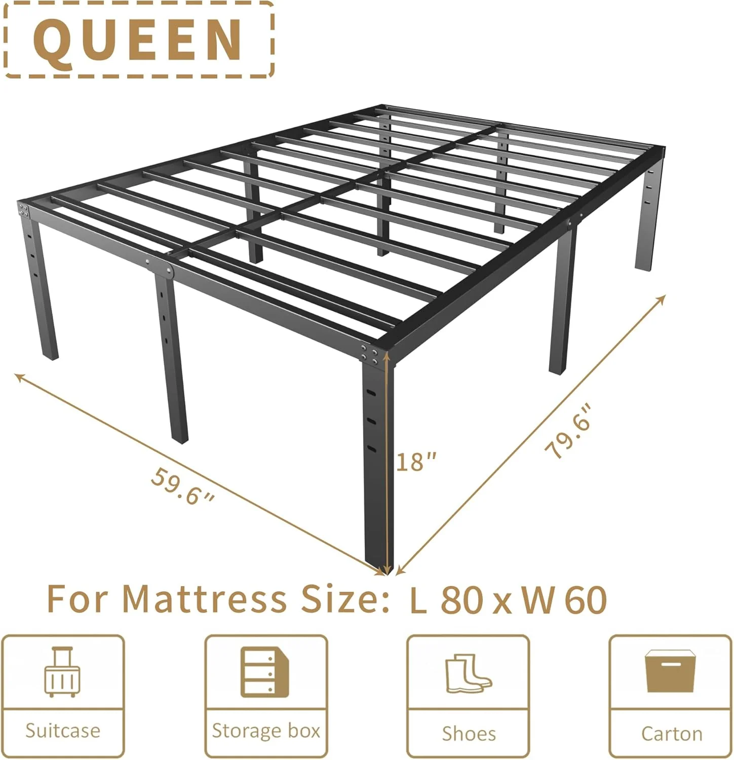 18 Inch QUEEN Metal Bed Frame, No Box Spring Needed - Easy Assembly Heavy Duty Noise Free Narrow Bedframes - Double Black Basic Steel Slats Platform with Storage - Retail $57 - Image 3