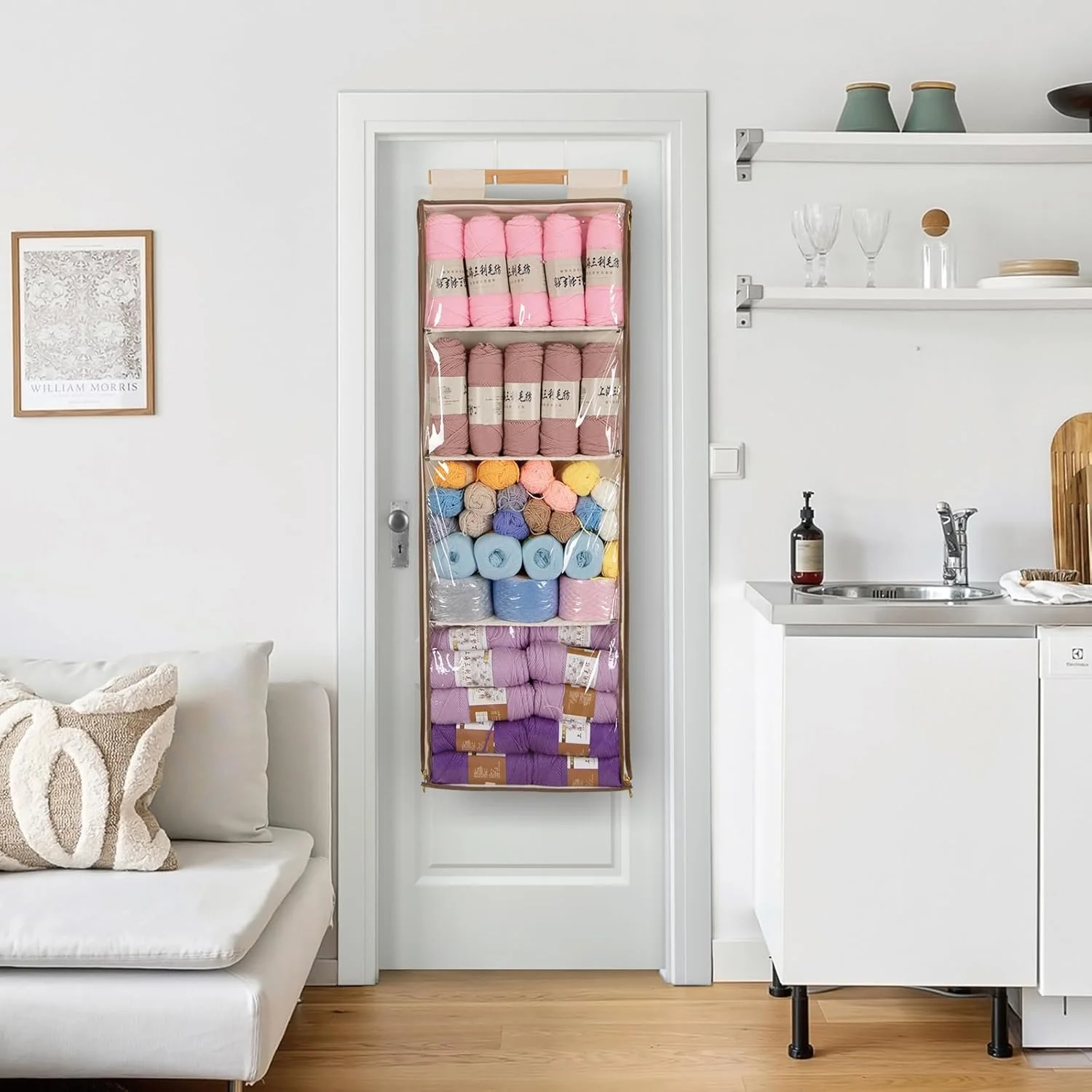 Hanging Yarn Storage with 4 Large Pockets, Clear Knitting Organizer Storage with Zippers for Crochet Lovers, Hanging Yarn Holder with Over-Door Hooks for Knitting Needles Crochet Hooks - Image 2
