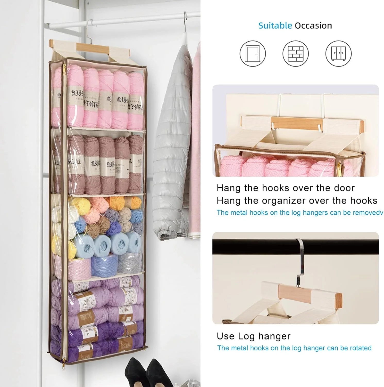 Hanging Yarn Storage with 4 Large Pockets, Clear Knitting Organizer Storage with Zippers for Crochet Lovers, Hanging Yarn Holder with Over-Door Hooks for Knitting Needles Crochet Hooks - Image 4