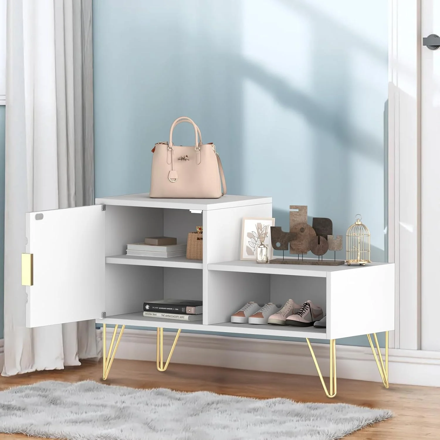 yoyomax Storage Bench with 2 Compartments & Adjustable Shelf, Holds up to 350lb Shoe Rack for Entryway/Hallway(30in, White) - Image 3