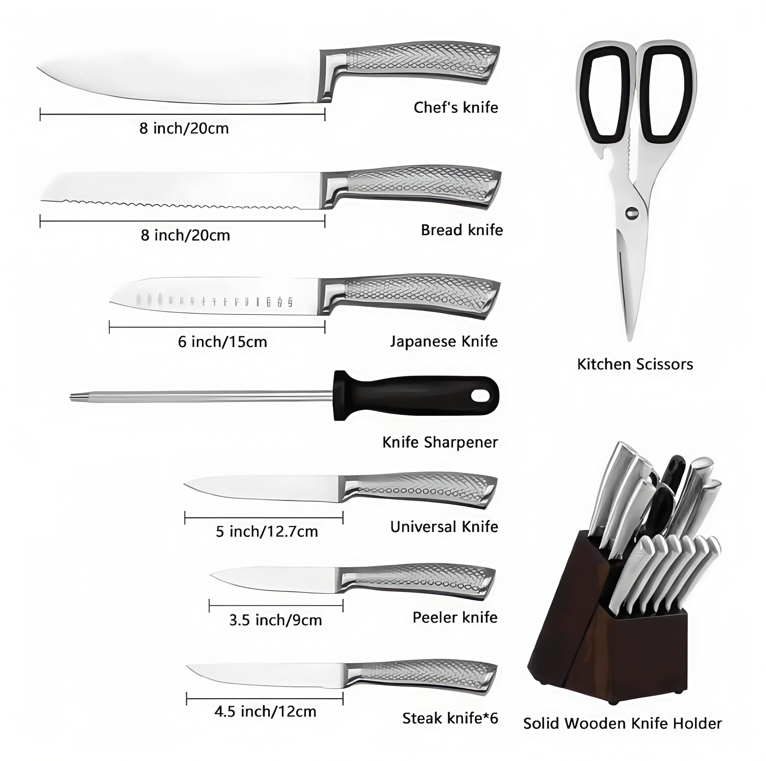 14 Piece Knife Set with Block and Scissors, Stainless Steel - Image 2