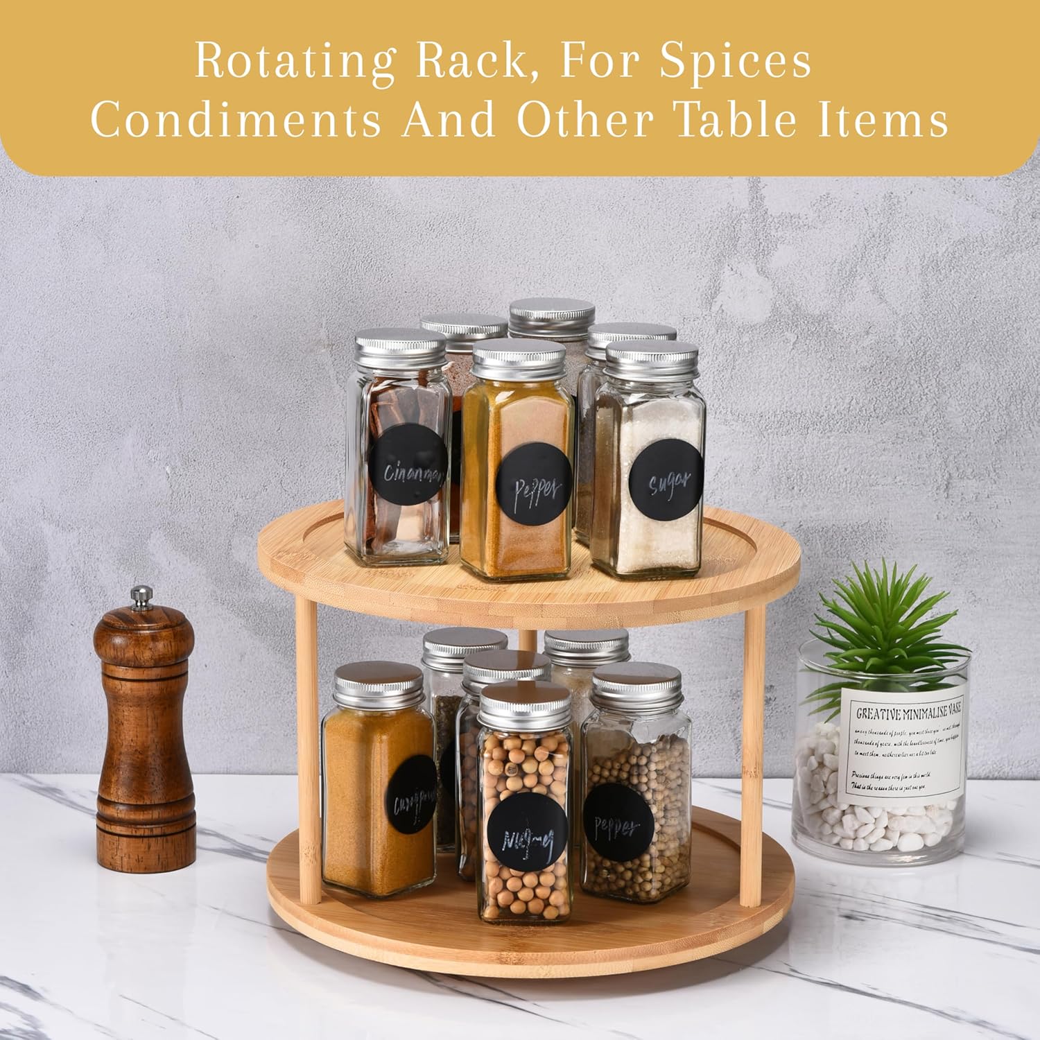 Two-Tier Bamboo Wood Lazy Susan Organizer Kitchen Turntable for Cabinet, Table or Pantry Organization, 10" Diameter & 7" High - Image 3