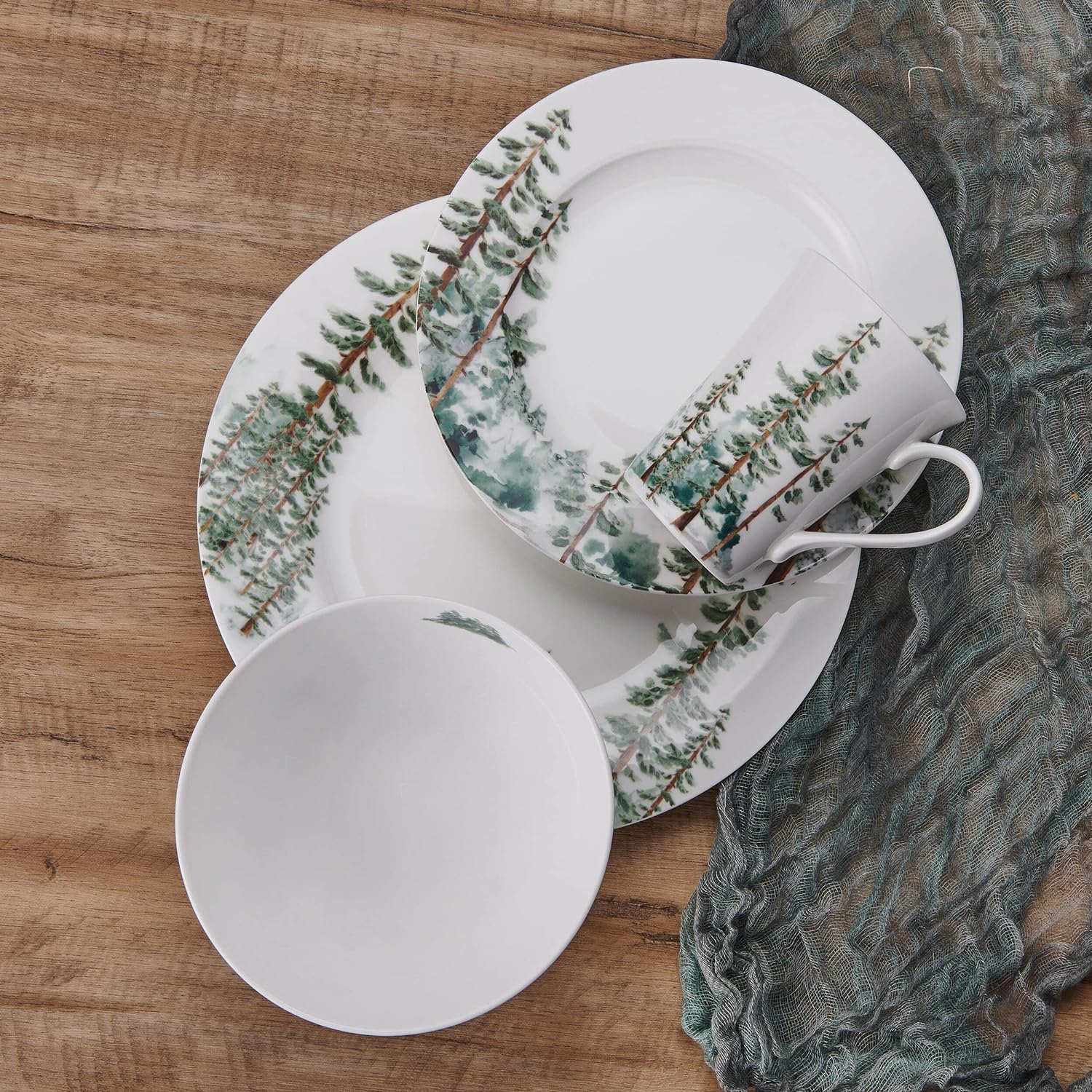 Mikasa Watercolor Forest Bone China Lightweight Chip Resistant 16 Piece Dinnerware Set, Service for 4, White - Image 2