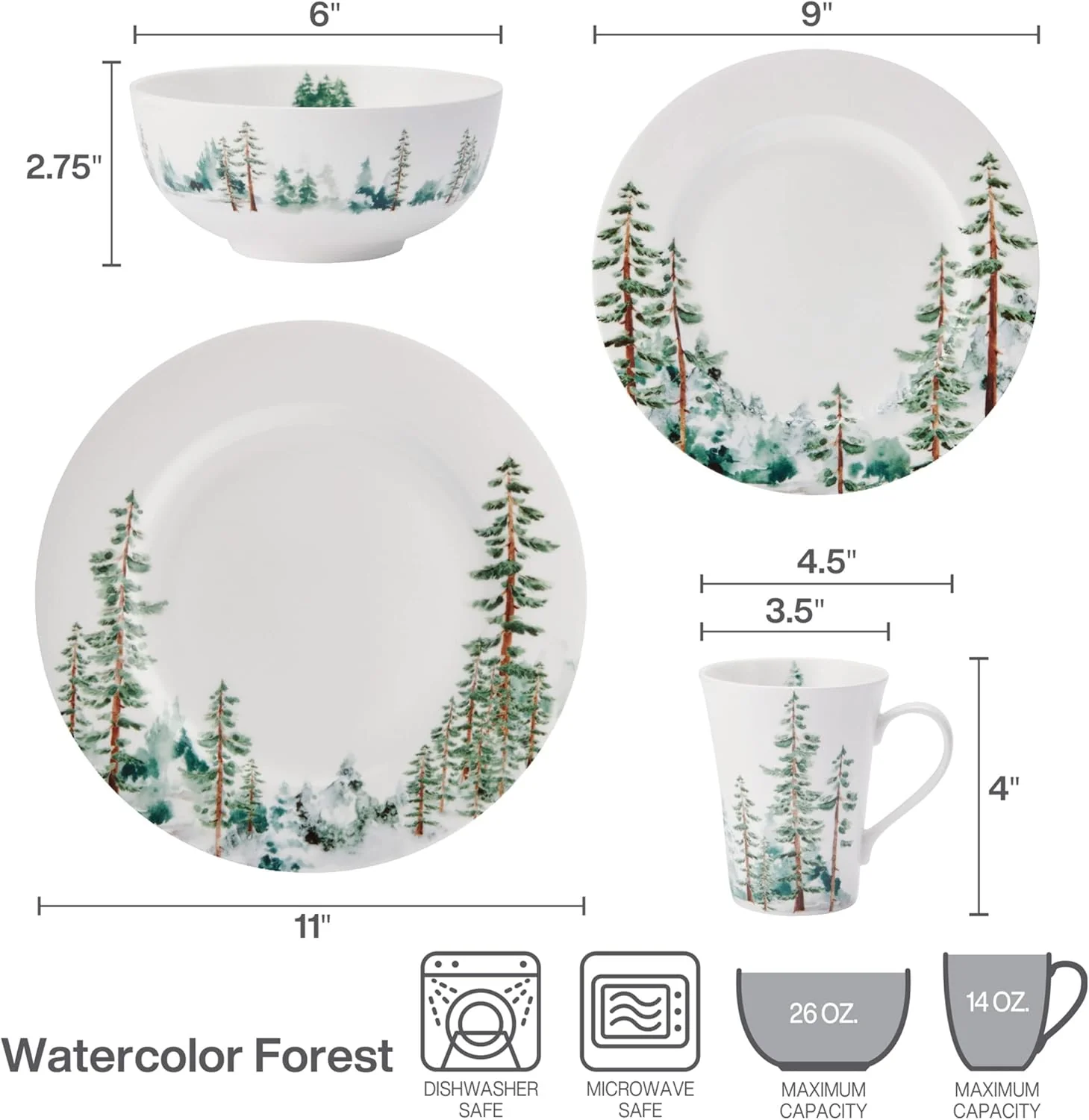 Mikasa Watercolor Forest Bone China Lightweight Chip Resistant 16 Piece Dinnerware Set, Service for 4, White - Image 3