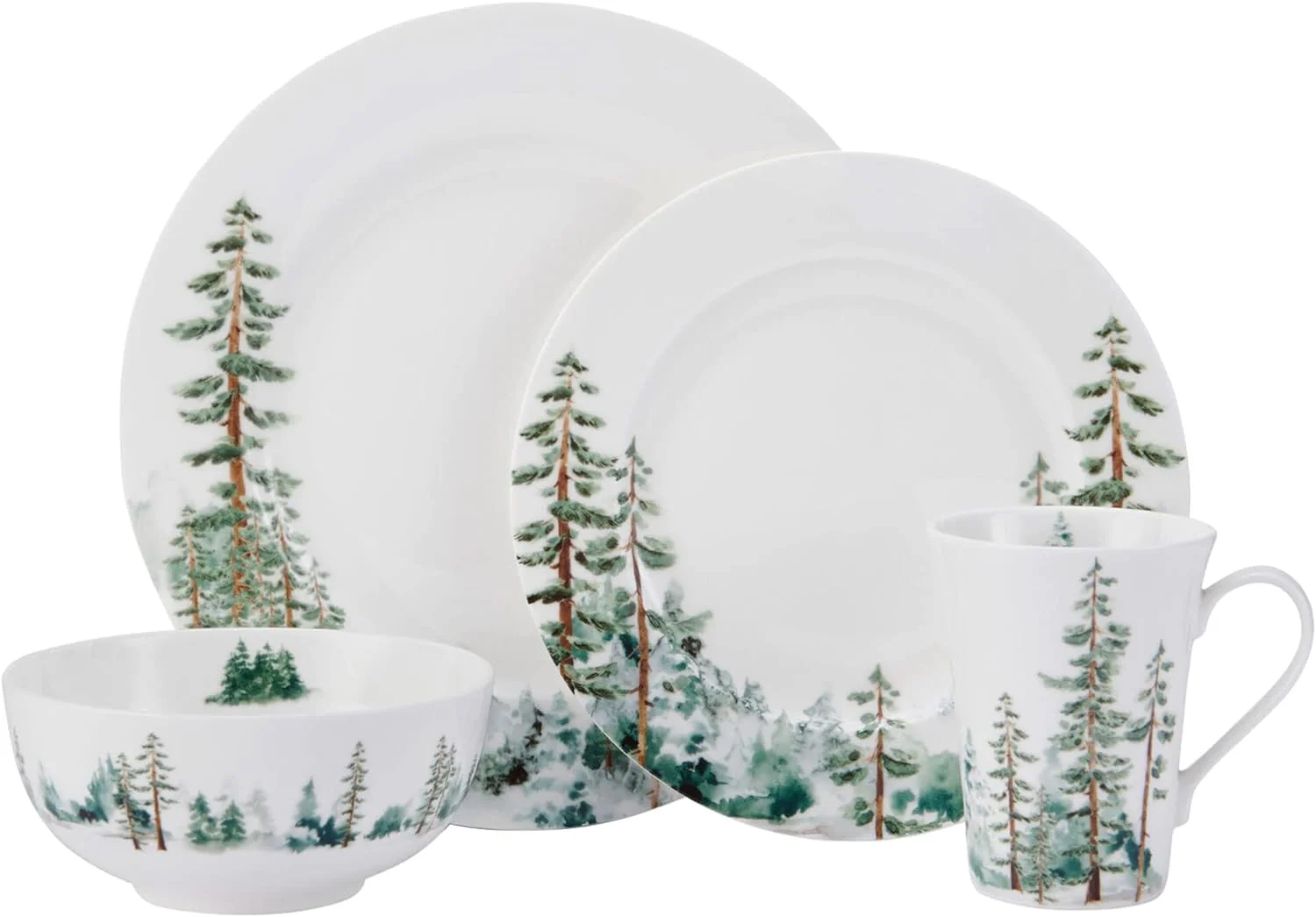 Mikasa Watercolor Forest Bone China Lightweight Chip Resistant 16 Piece Dinnerware Set, Service for 4, White - Image 4