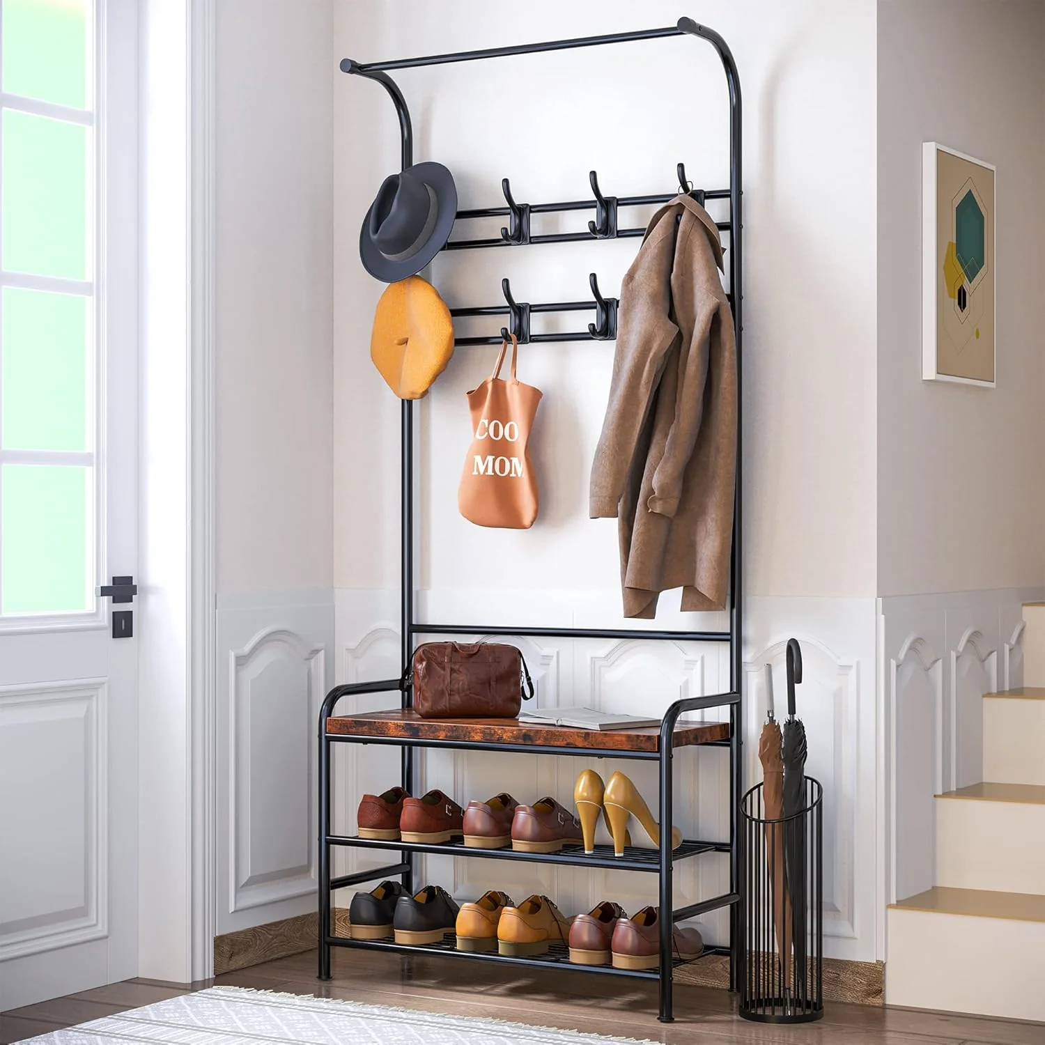 NEW - Alkmaar Entryway Bench with Coat Rack, Retro Brown, Made of Engineered Wood, 23.5" L x 11.8" W x 70.7" H - Retail $59
