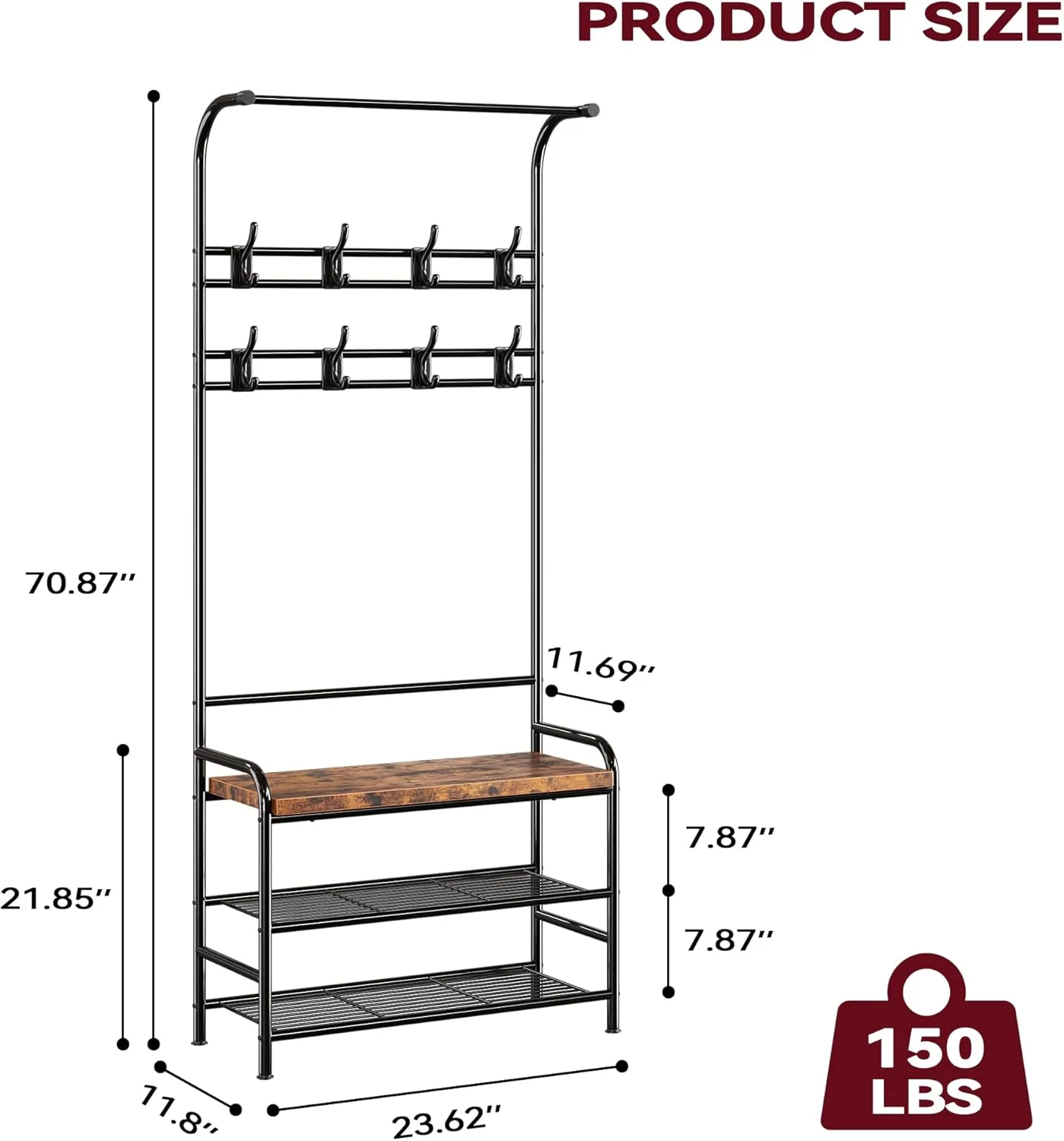 NEW - Alkmaar Entryway Bench with Coat Rack, Retro Brown, Made of Engineered Wood, 23.5" L x 11.8" W x 70.7" H - Retail $59 - Image 2