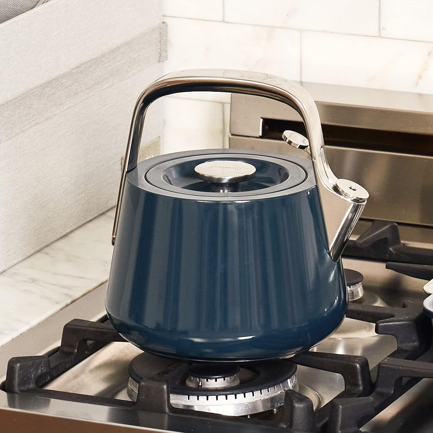 NEW - Caraway 2 Quart Whistling Tea Kettle - Durable Stainless Steel Tea Pot - Fast Boiling, Stovetop Agnostic - Non-Toxic, PTFE & PFOA Free - Includes Pot Holder - Navy - Retail $195 - Image 4