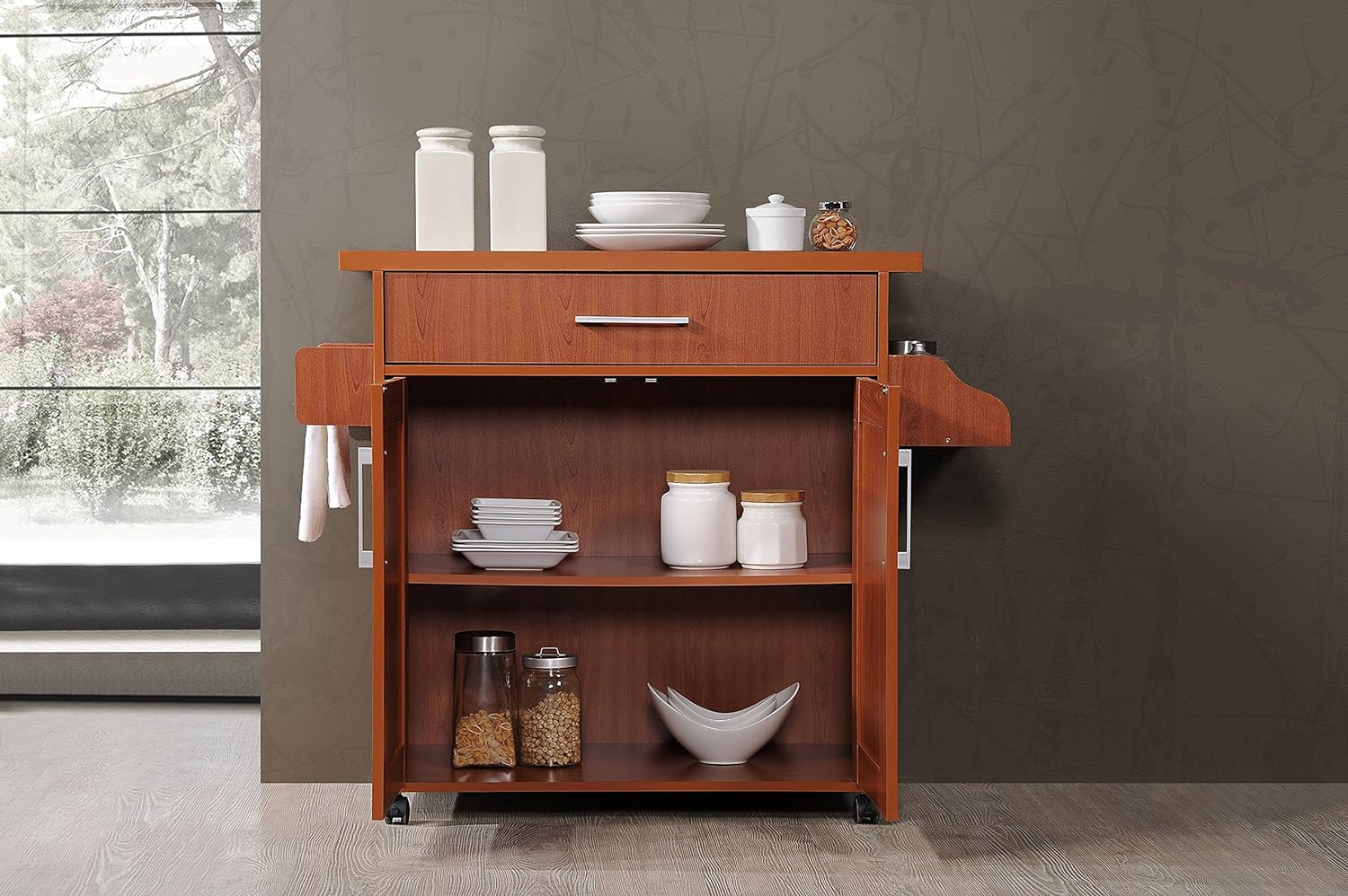 NEW - Hodedah Kitchen Island with Spice Rack, Towel Rack & Drawer, Cherry - Retail $74 - Image 2