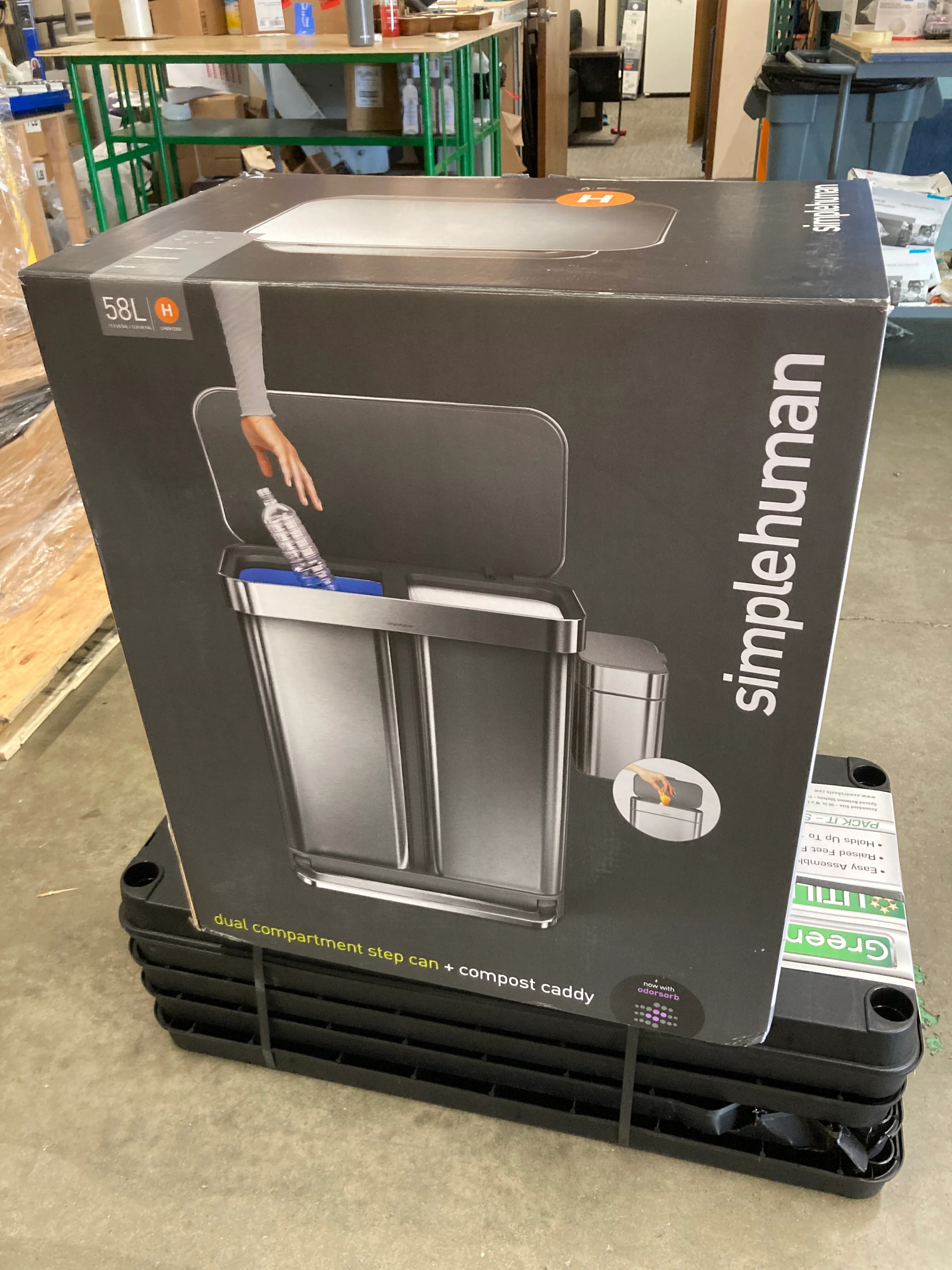 NEW w/ dent - simplehuman 58L Dual Compartment Step Can with Compost Caddy and Code H Liners, 60-pack - Retail $179 - Image 3