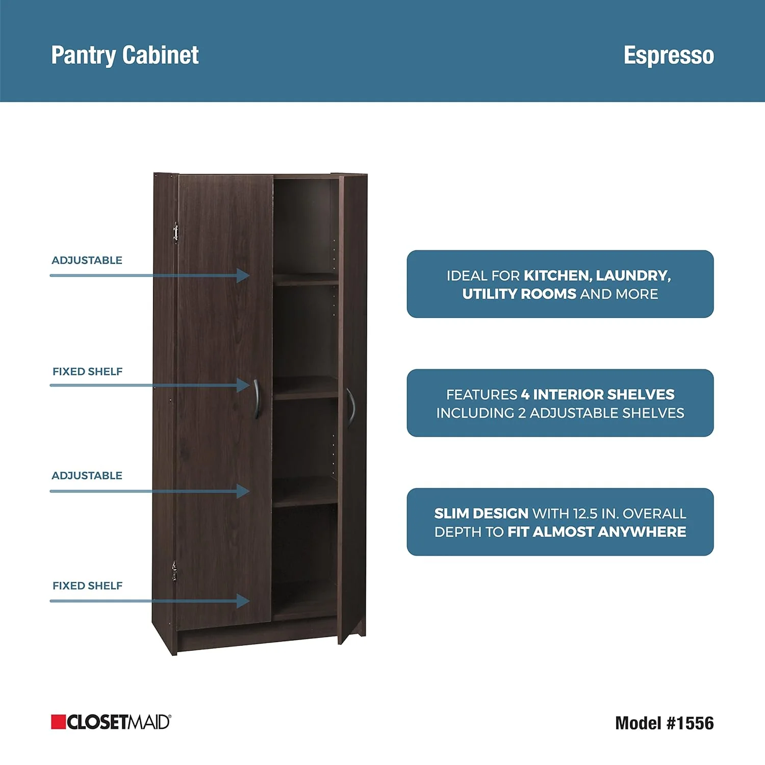 NEW w/ dmg - ClosetMaid Pantry Cabinet Cupboard with 2 Doors, Adjustable Shelves Standing, Storage for Kitchen, Laundry, or Utility Room, Espresso - Retail $165 - Image 3