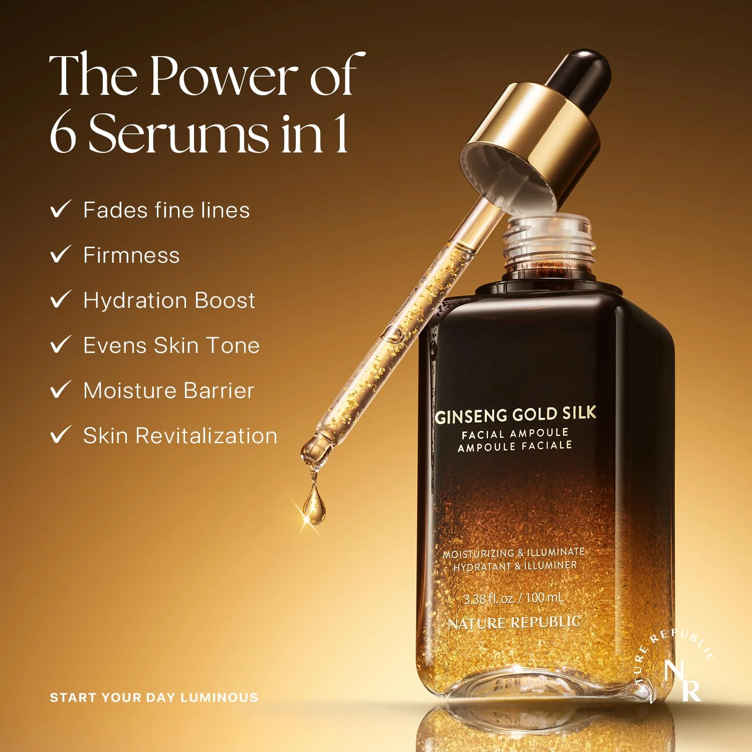 Nature Republic Ginseng Gold Silk Facial Ampoule, Hydrating moisturizer for face, Niacinamide & Silk Amino Acid, Royal Jelly Extract, Korean Skin Care for all skin types 100 ml / 3.38 Fl. oz. - Image 2