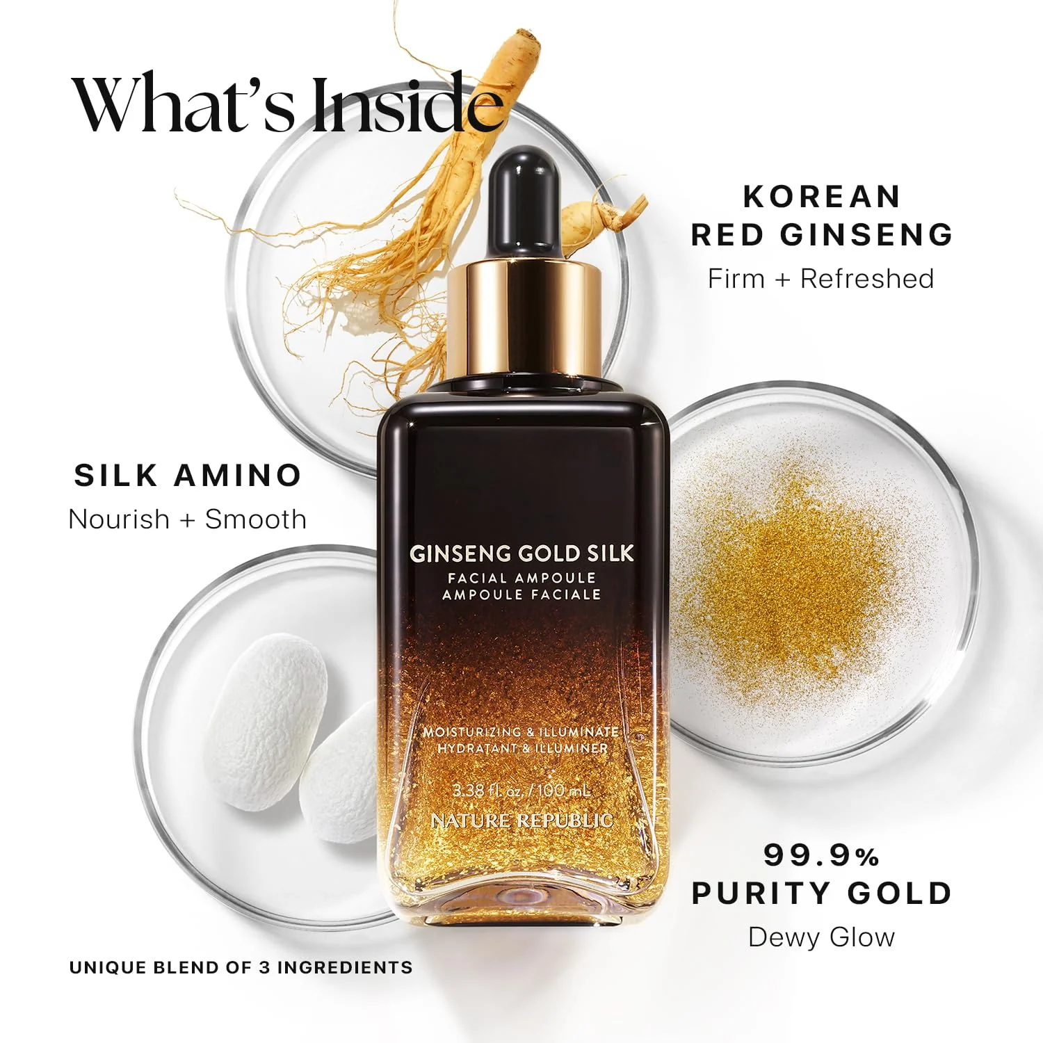 Nature Republic Ginseng Gold Silk Facial Ampoule, Hydrating moisturizer for face, Niacinamide & Silk Amino Acid, Royal Jelly Extract, Korean Skin Care for all skin types 100 ml / 3.38 Fl. oz. - Image 3