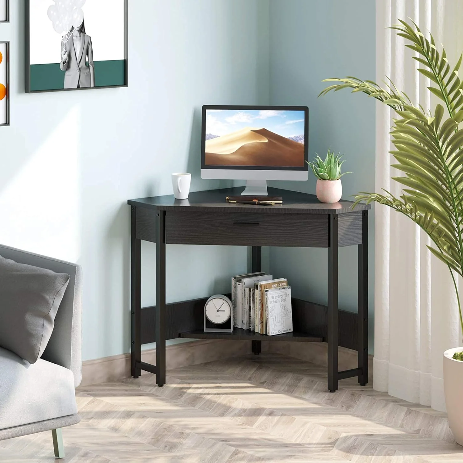 ODK Corner Desk With Large Drawer & Storage Shelves - Triangle Computer Vanity Writing Desk for Workstation - Retail $102 - Image 2