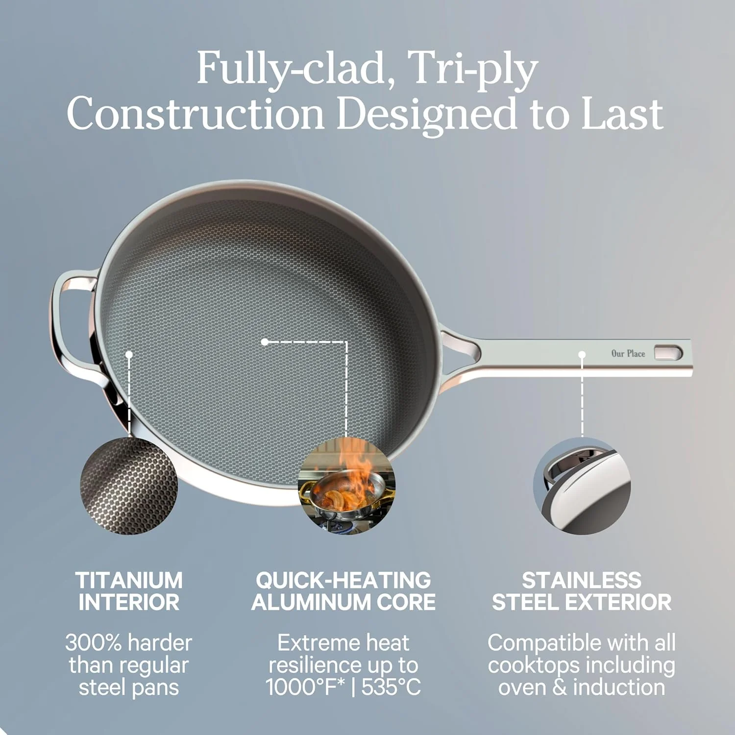 Our Place Titanium Always Pan Pro | 10.6" PFAS-Free Nonstick Frying Pan with Spatula | Chef-Grade Tri-Ply Stainless Steel & Aluminum Build | Induction & Oven-Safe up to 1000°F | Chrome - Image 10