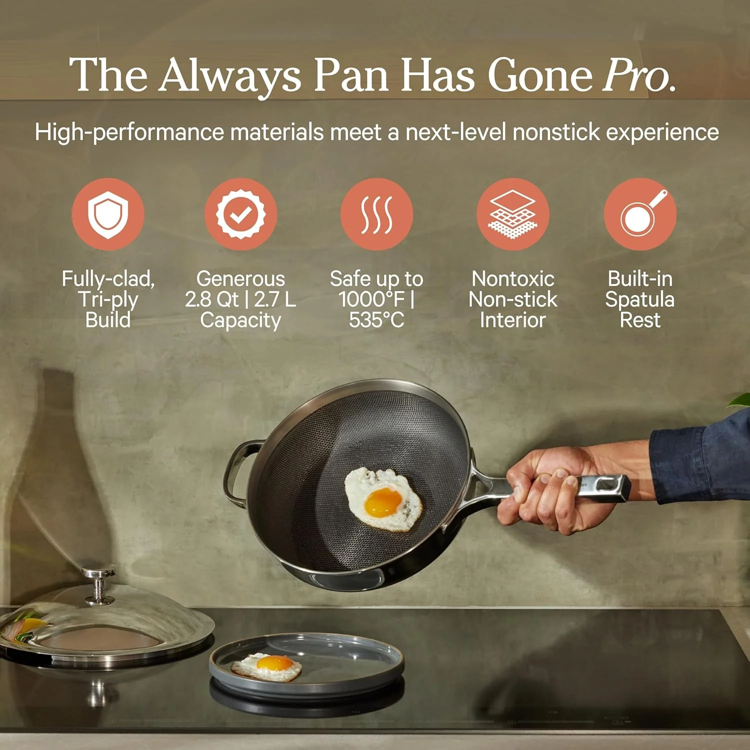Our Place Titanium Always Pan Pro | 10.6" PFAS-Free Nonstick Frying Pan with Spatula | Chef-Grade Tri-Ply Stainless Steel & Aluminum Build | Induction & Oven-Safe up to 1000°F | Chrome - Image 8
