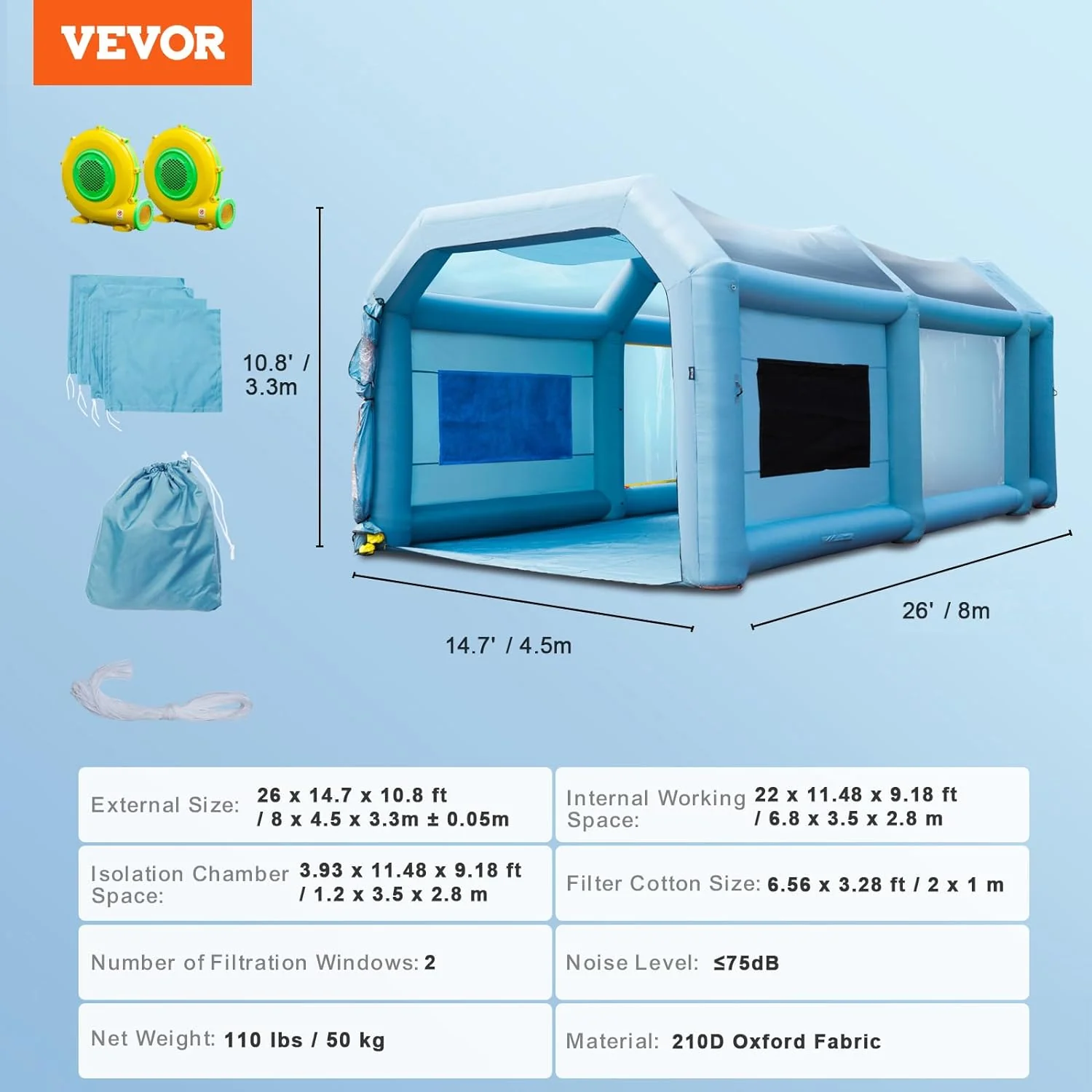 VEVOR Inflatable High Powerful 750W+950W Blowers Spray Booth Paint Air Filter System for Car Parking Tent Workstation Garage, 26x15x11ft - Retail $661 - Image 5