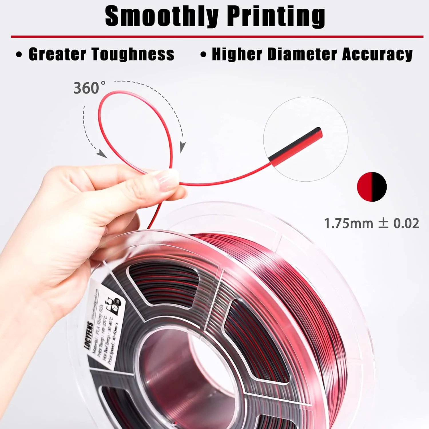 PLA Filament 1.75mm, Silk PLA 3D Printer Filament, High Speed Printing Dual Color Filament Black Red 2 in 1 Coextrusion 1.75 PLA Filament +/-0.02mm, 1kg/2.2lb - Image 5
