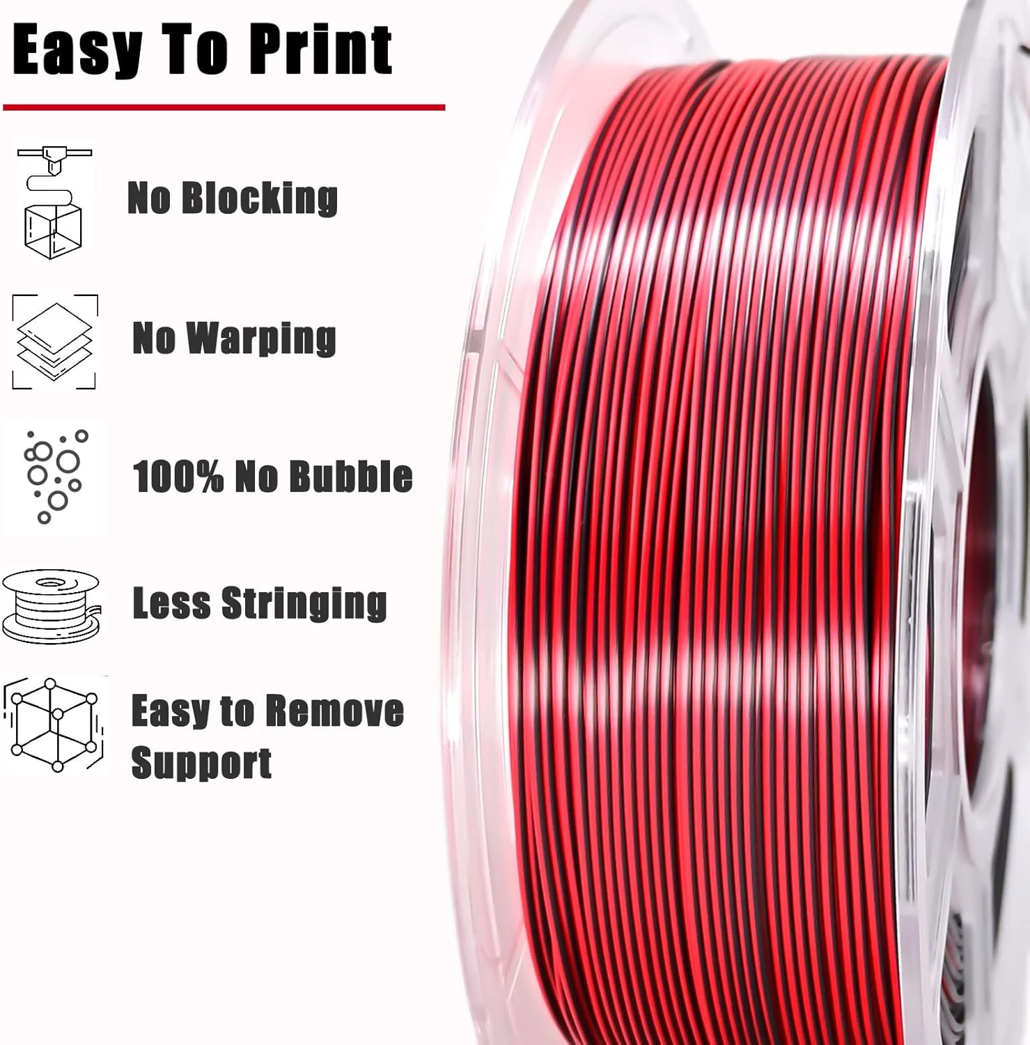 PLA Filament 1.75mm, Silk PLA 3D Printer Filament, High Speed Printing Dual Color Filament Black Red 2 in 1 Coextrusion 1.75 PLA Filament +/-0.02mm, 1kg/2.2lb - Image 6