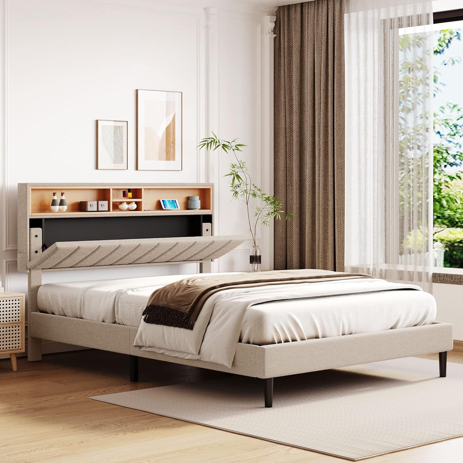 Queen Bed Frame,Platform Bed with Storage Headboard and Power Outlets, USB Ports Charging Station, Sturdy and No Noise, No Box Spring Needed, Linen Fabric Upholstered Bed (Beige) - Retail $270 - Image 3