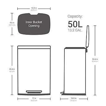 QUALIAZERO 50L/13Gal Heavy Duty Hands-Free Stainless Steel Commercial/Kitchen Step Trash Can - Image 2