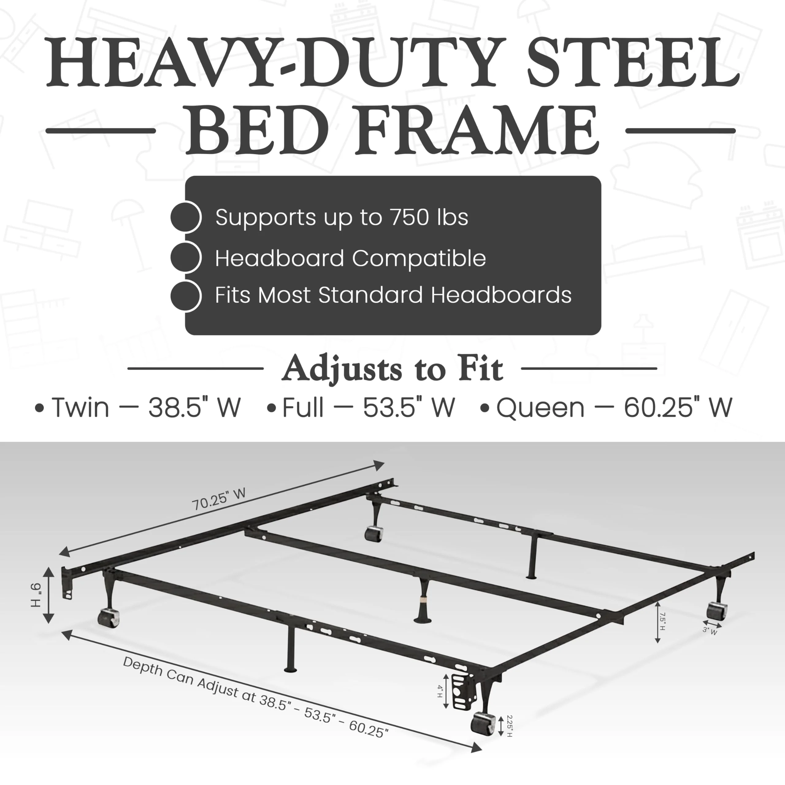 Kings Brand Furniture 7-Leg Heavy Duty Adjustable Metal Bed Frame – Queen/Full/Full XL/Twin/Twin XL, Center Support Rail, Locking Wheels, Noise-Free, Easy Assembly – Support for Box Spring & Mattress - Image 3
