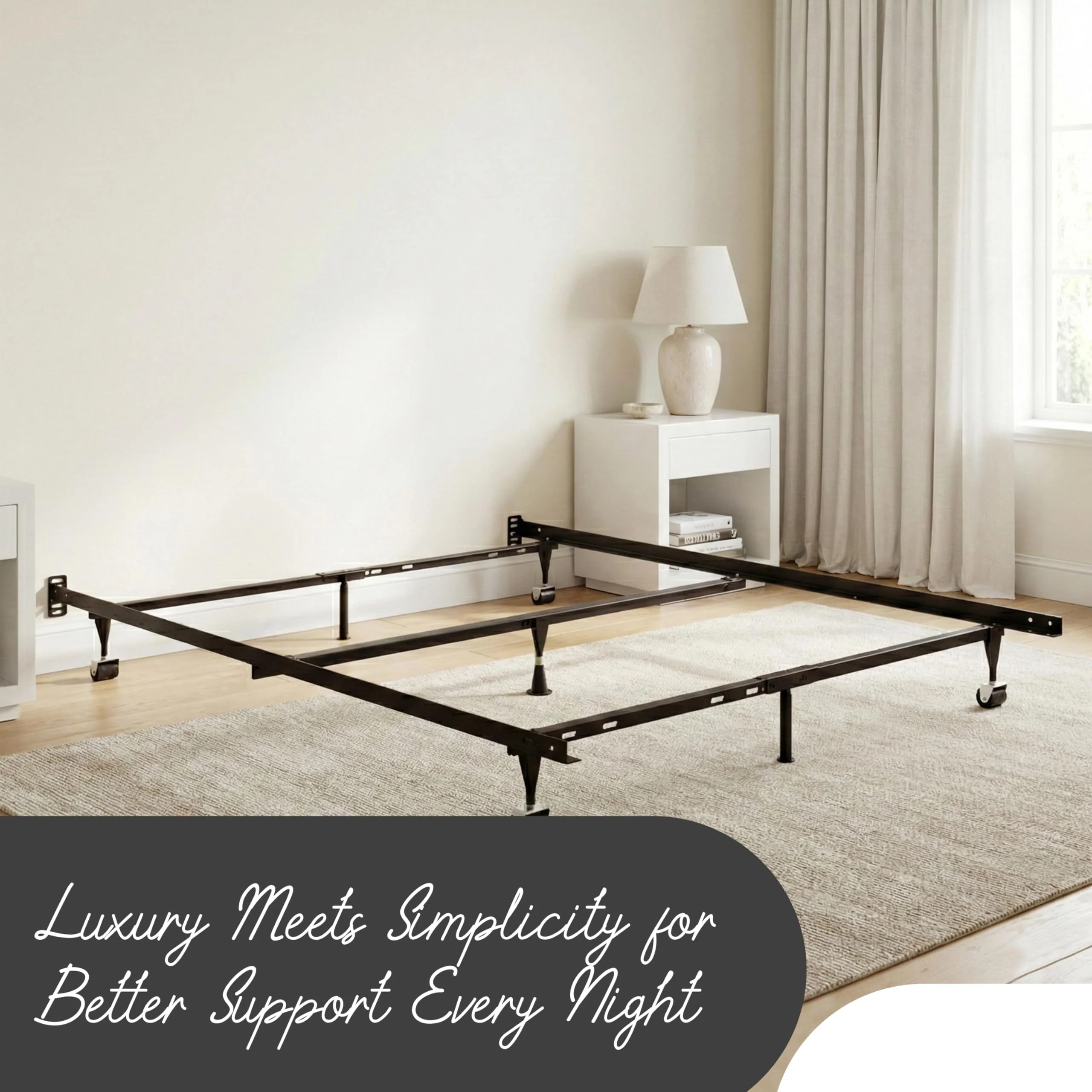 Kings Brand Furniture 7-Leg Heavy Duty Adjustable Metal Bed Frame – Queen/Full/Full XL/Twin/Twin XL, Center Support Rail, Locking Wheels, Noise-Free, Easy Assembly – Support for Box Spring & Mattress - Image 4