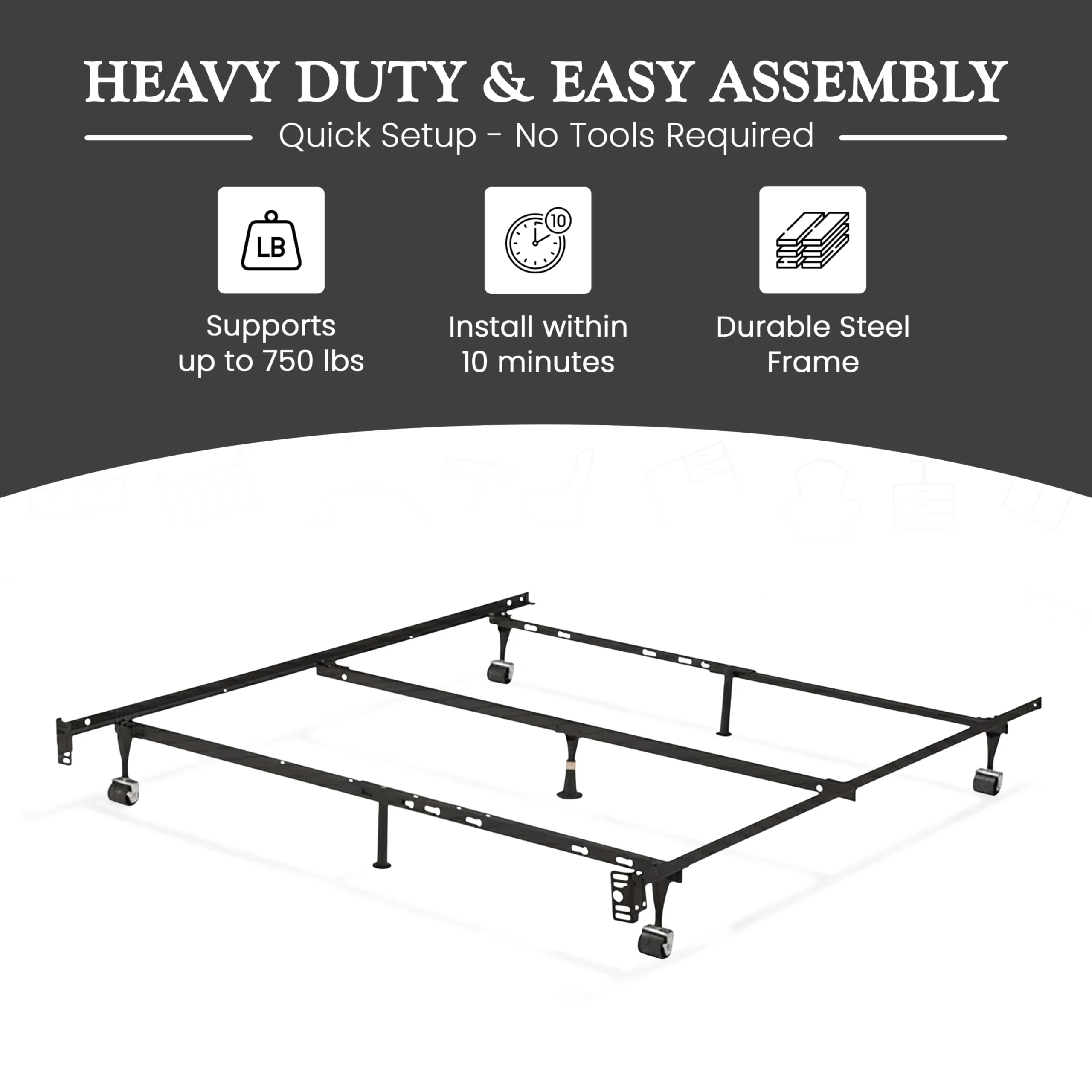 Kings Brand Furniture 7-Leg Heavy Duty Adjustable Metal Bed Frame – Queen/Full/Full XL/Twin/Twin XL, Center Support Rail, Locking Wheels, Noise-Free, Easy Assembly – Support for Box Spring & Mattress - Image 6