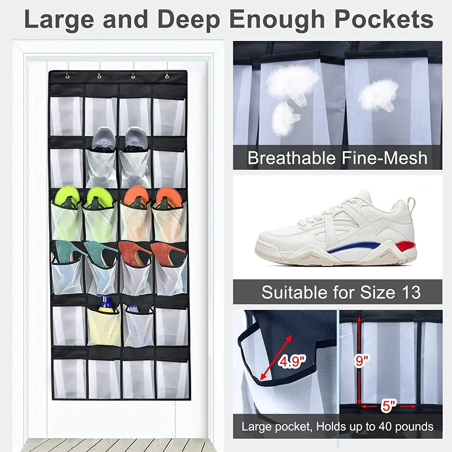Over The Door Shoe Organizer 24 Mesh Pockets Hanging Shoe Rack - Image 3