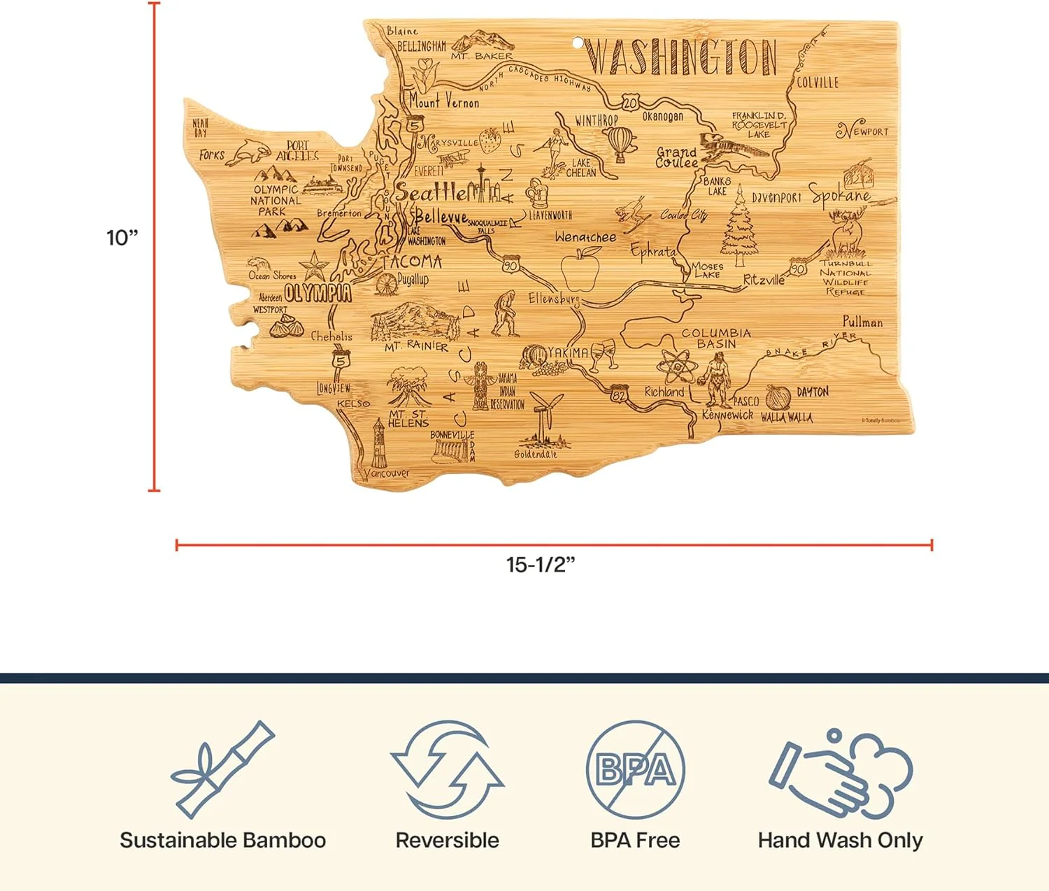 Totally Bamboo Destination Washington State Shaped Cutting Board, Charcuterie and Cheese Serving Board – Washington Gift for Home Décor or Everyday Kitchen Use - Image 4