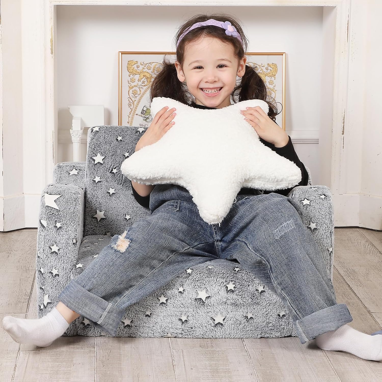 Star Glow in The Dark Toddler Couch, 2-in-1 Toddler Soft Couch Fold Out with Star Pillow, Convertible Sofa to Lounger for Girls and Boys, 1-Seat - Image 2