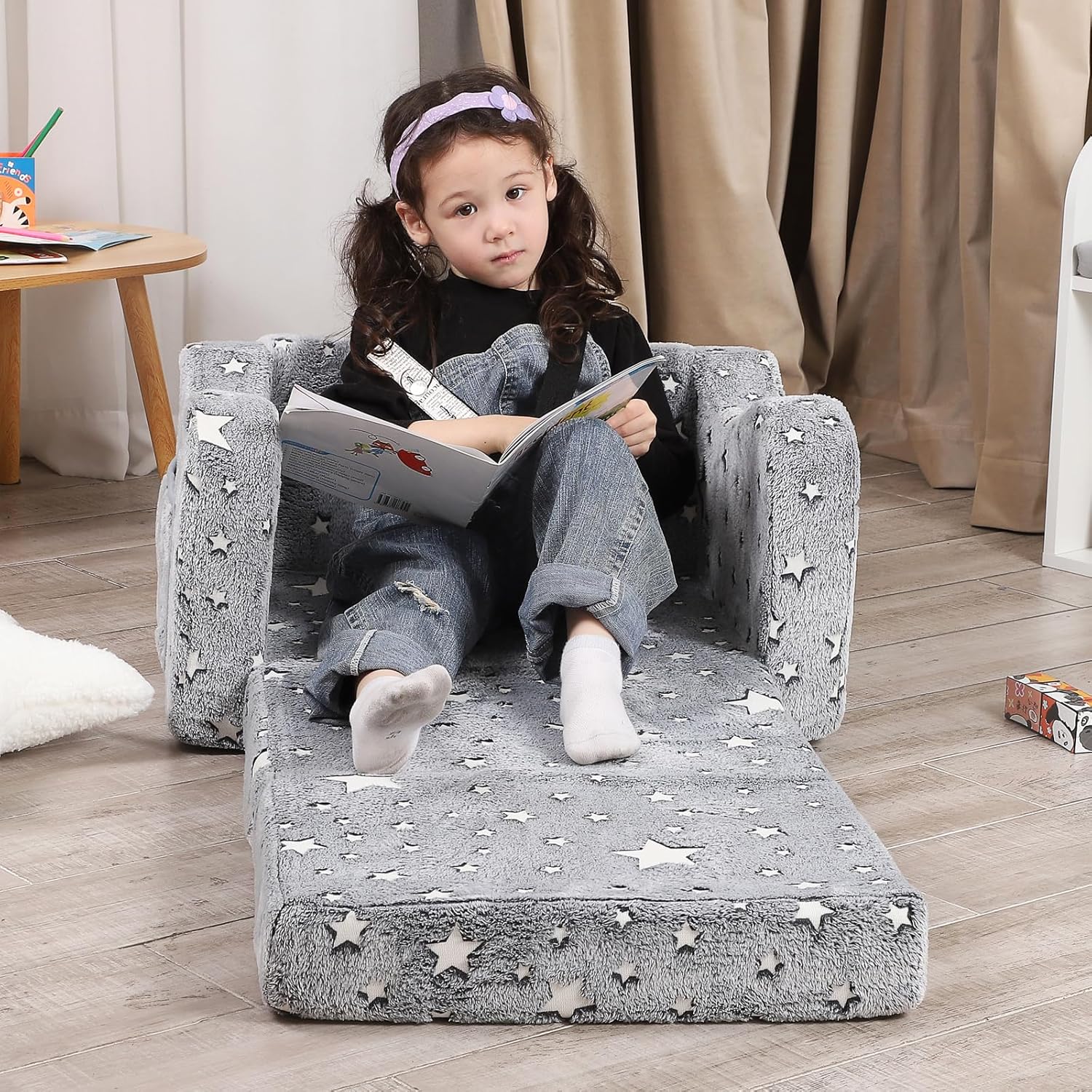 Star Glow in The Dark Toddler Couch, 2-in-1 Toddler Soft Couch Fold Out with Star Pillow, Convertible Sofa to Lounger for Girls and Boys, 1-Seat - Image 3