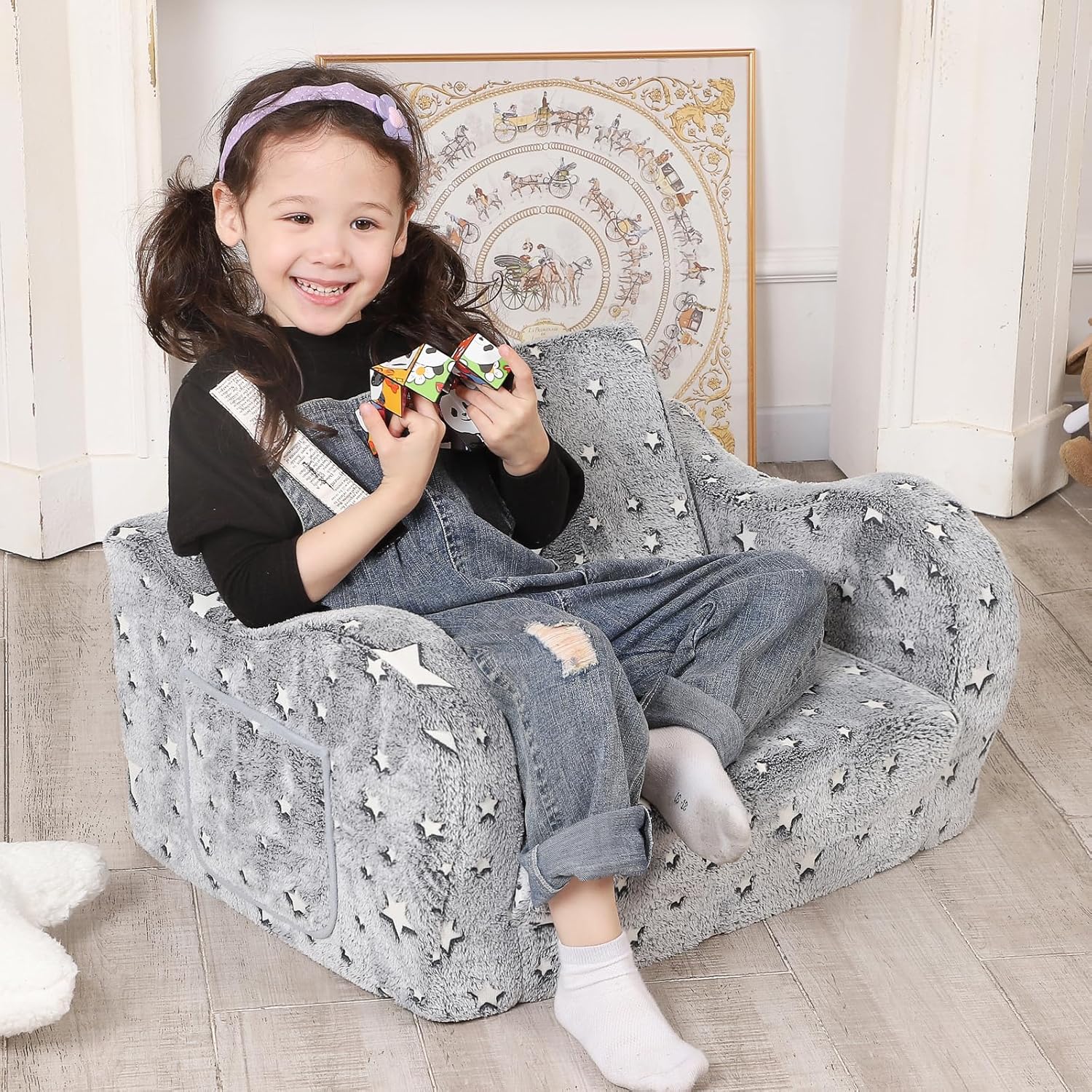 Star Glow in The Dark Toddler Couch, 2-in-1 Toddler Soft Couch Fold Out with Star Pillow, Convertible Sofa to Lounger for Girls and Boys, 1-Seat - Image 4
