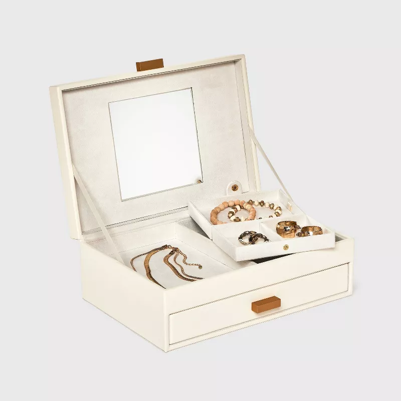 Two Drawer Organizer Jewelry Box - A New Day™ Cream: Polyurethane Storage with Divided Tray, Mirror, Rectangle Shape - Image 2