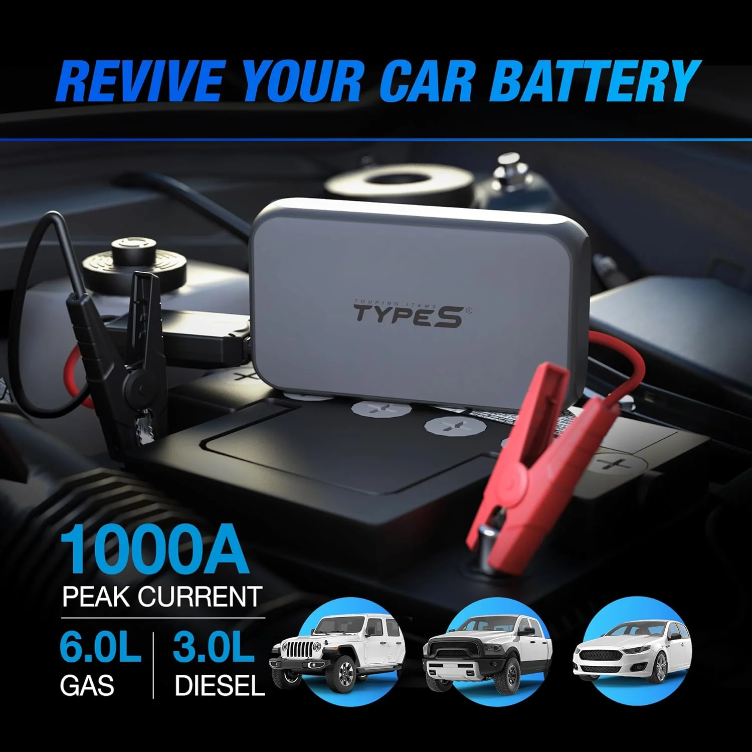 Type S Dynamic D10 1000A Portable Battery Car Jump Starter with Power Bank, 12V 6L Gas 3L Diesel, LCD Display, Battery Jump Box, 8000mAh, LED Flashlight, IP64 Splash-Proof, USB-C & USB-A, UL Listed - Retail $80 - Image 2