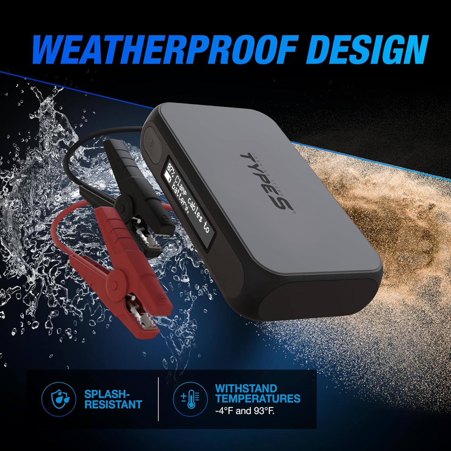 Type S Dynamic D10 1000A Portable Battery Car Jump Starter with Power Bank, 12V 6L Gas 3L Diesel, LCD Display, Battery Jump Box, 8000mAh, LED Flashlight, IP64 Splash-Proof, USB-C & USB-A, UL Listed - Retail $80 - Image 3