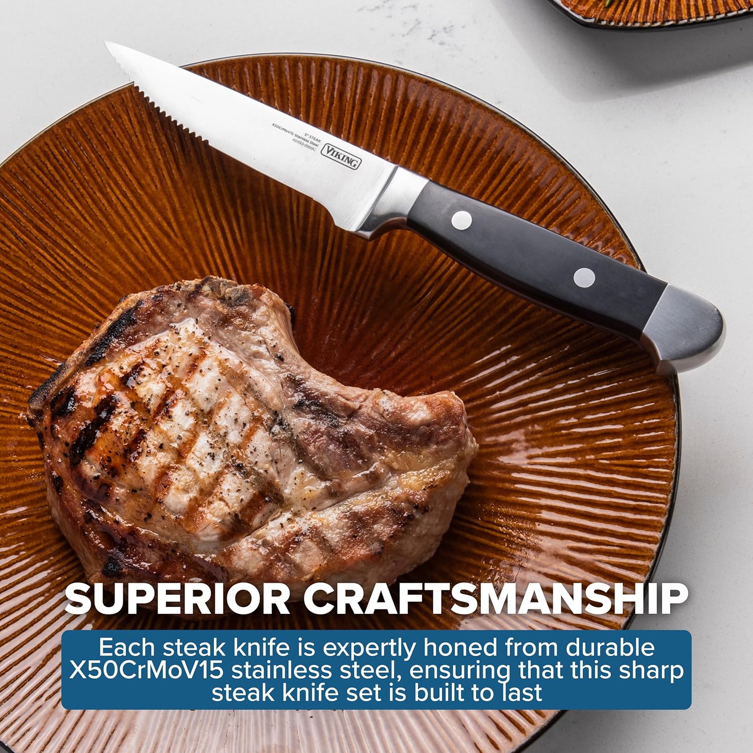 Viking Steak Knife Set, 8 Piece Stainless Steel Kitchen Knives Set with ABS Polymer Handles, Includes Wooden Gift Box, Hand Wash Only, Black - Retail $86 - Image 5