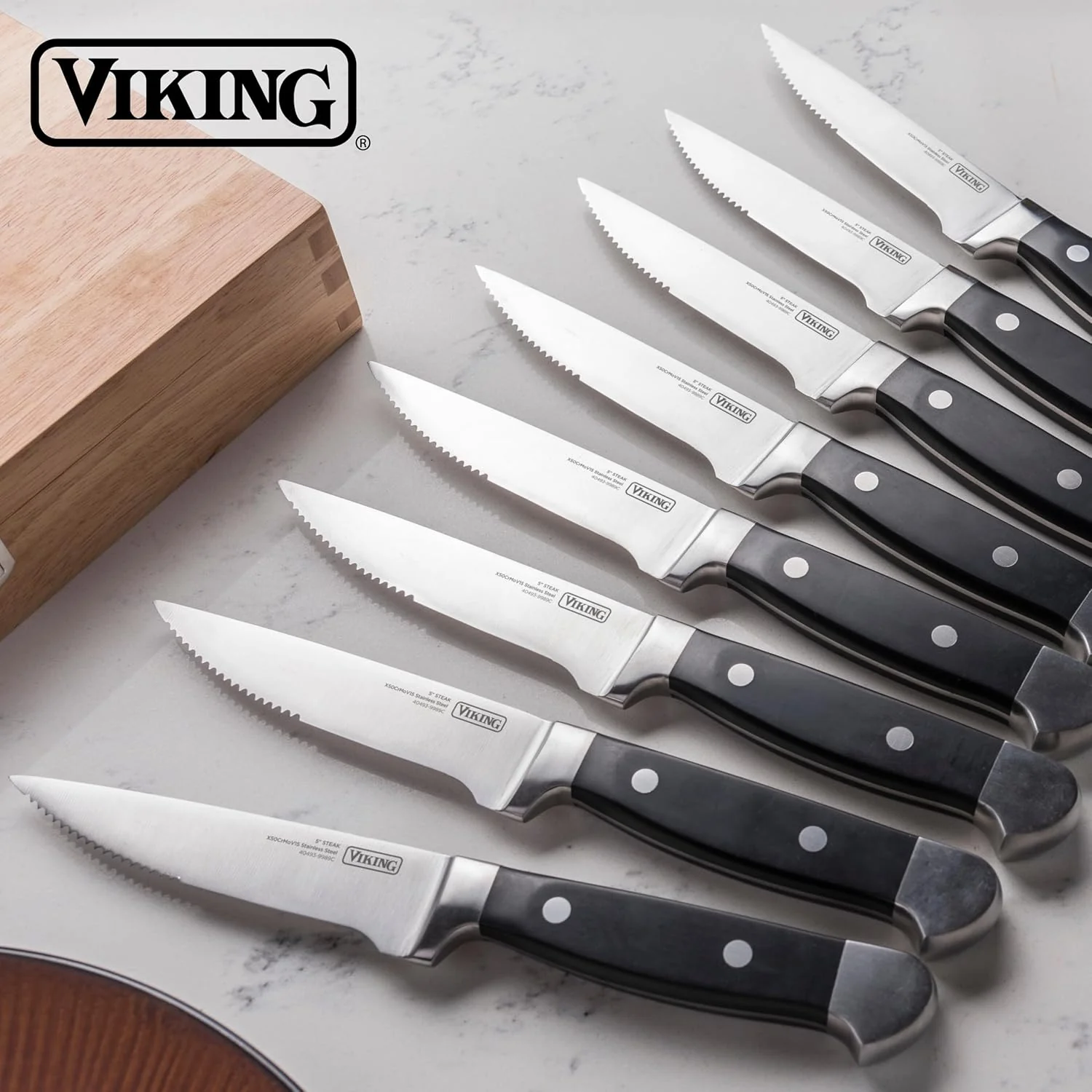 Viking Steak Knife Set, 8 Piece Stainless Steel Kitchen Knives Set with ABS Polymer Handles, Includes Wooden Gift Box, Hand Wash Only, Black - Retail $86 - Image 6